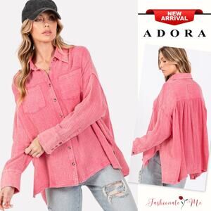 SAGE + FIG Frayed Hem Side Slit Button Down Pockets Oversized Shirt | Pink